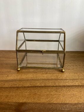 Vintage Brass Glass Jewelry Box Trinket Case Gold